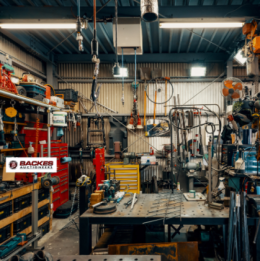 Image for Cluttered fabrication shop with equipment and tools scattered around