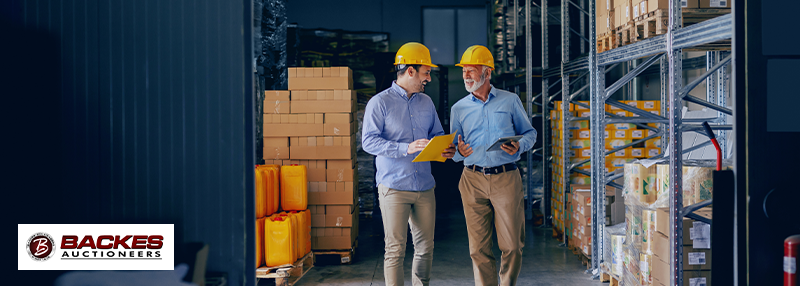 Image for Two nicely dressed man in hard hats happily discussing in warehouse